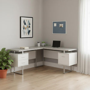 HomeRoots 71" Taupe L-Shaped Computer Desk with Three Drawers for Modern Home Offices and Executive Suites Grey,Silver, White 333472