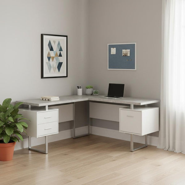 HomeRoots 71" Taupe L-Shaped Computer Desk with Three Drawers for Modern Home Offices and Executive Suites Grey,Silver, White 333472