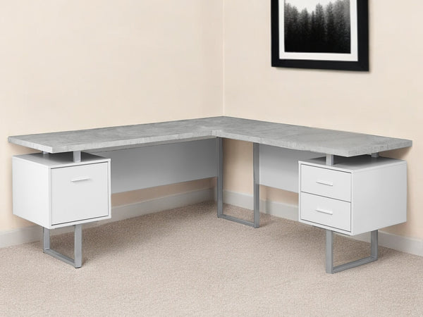Homeroots 71" Gray And Silver L Shape Computer Desk With Three Drawers Grey,Silver,White  333472