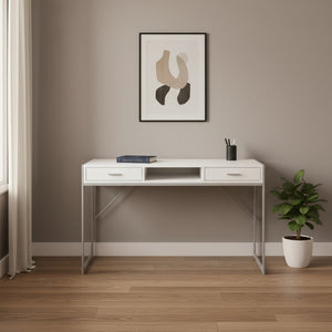 HomeRoots 22" Modern Computer Desk with Two Drawers for Stylish Home Office and Efficient Workspace Solutions White,Silver 333486