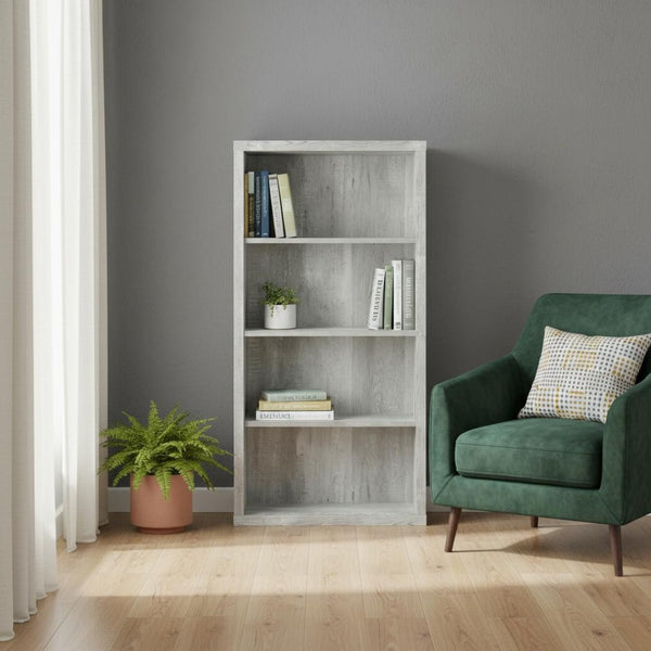 HomeRoots White Wood Four-Tier Bookcase - Stylish, Space-Saving Shelving for Modern Homes and Offices Grey 333506
