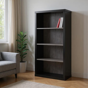 HomeRoots White Wood Four-Tier Bookcase - Stylish, Space-Saving Shelving for Modern Homes and Offices Black,Grey 333508