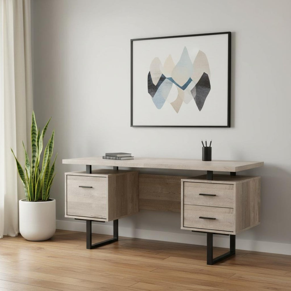 HomeRoots 24" Modern Rectangular Desk with Three Drawers for Organized Workspace and Stylish Home Office Upgrade Taupe,Black 333519