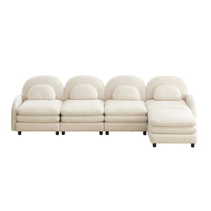 English Elm Teddy Fleece Curved Modular Sectional Sofa with Ottoman Four Seat Cloud Comfort Beige White W5656S00087