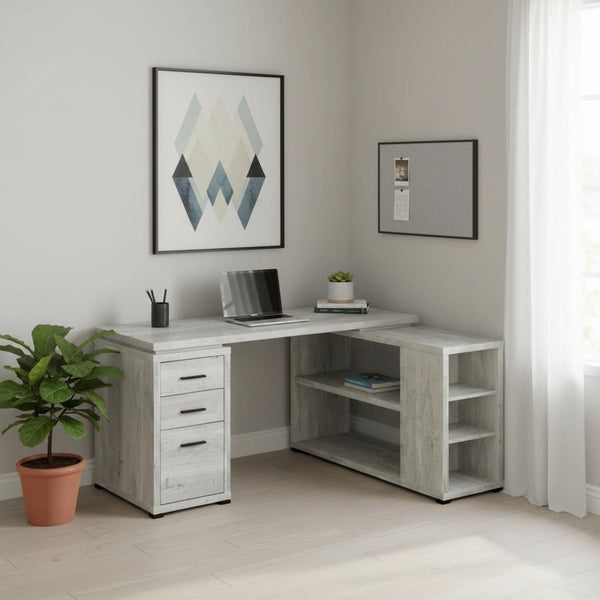 HomeRoots 47" Contemporary L-Shape Computer Desk with Three Drawers for Organized Home Office Workspace Grey 333522