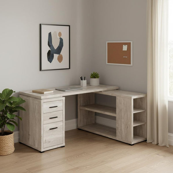 HomeRoots 47" Contemporary L-Shape Computer Desk with Three Drawers for Organized Home Office Workspace Taupe 333523