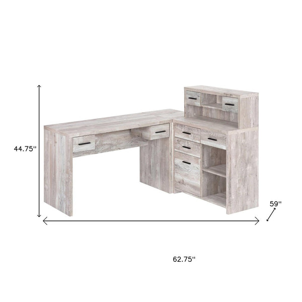 HomeRoots 63" L Shape Computer Desk with Eight Drawers for Modern Workspaces - Stylish, Durable Design! Taupe 333527