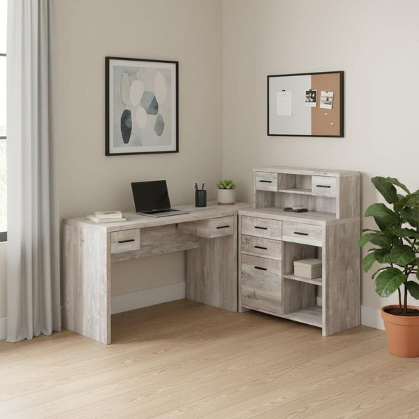 HomeRoots 63" L Shape Computer Desk with Eight Drawers for Modern Workspaces - Stylish, Durable Design! Taupe 333527