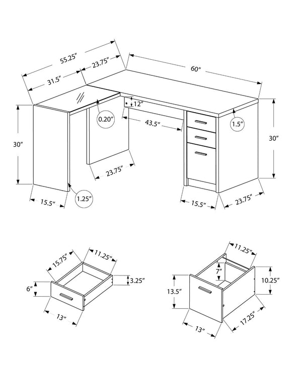 HomeRoots 55" L-Shaped Computer Desk - Modern Stylish Design with Three Spacious Drawers for Organized Workspaces Black,Clear, Grey 333529