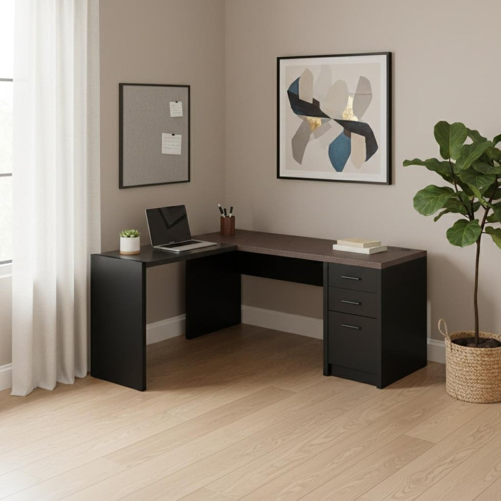 HomeRoots 55" L-Shaped Computer Desk - Modern Stylish Design with Three Spacious Drawers for Organized Workspaces Black,Clear, Grey 333529