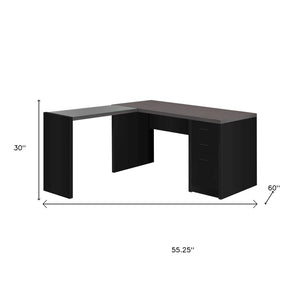HomeRoots 55" L-Shaped Computer Desk - Modern Stylish Design with Three Spacious Drawers for Organized Workspaces Black,Clear, Grey 333529