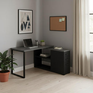 HomeRoots 47" Modern L-Shaped Computer Desk with Three Drawers for a Stylish and Organized Workspace Solution Black,Grey 333531