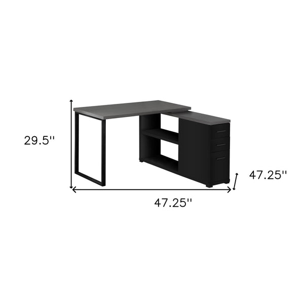 HomeRoots 47" Modern L-Shaped Computer Desk with Three Drawers for a Stylish and Organized Workspace Solution Black,Grey 333531