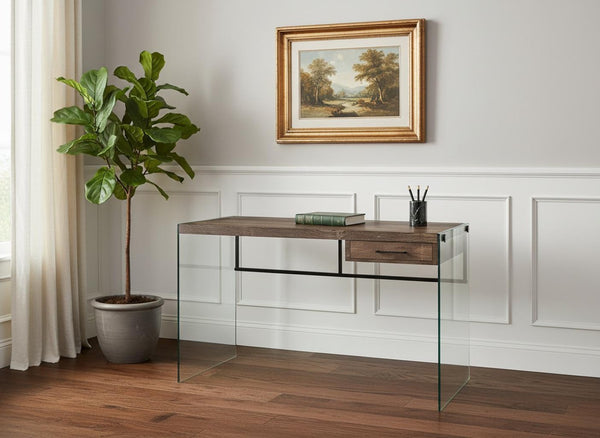 HomeRoots 24" Brown and Clear Computer Desk - Sleek Executive Style with Storage for Home or Office Productivity 333541
