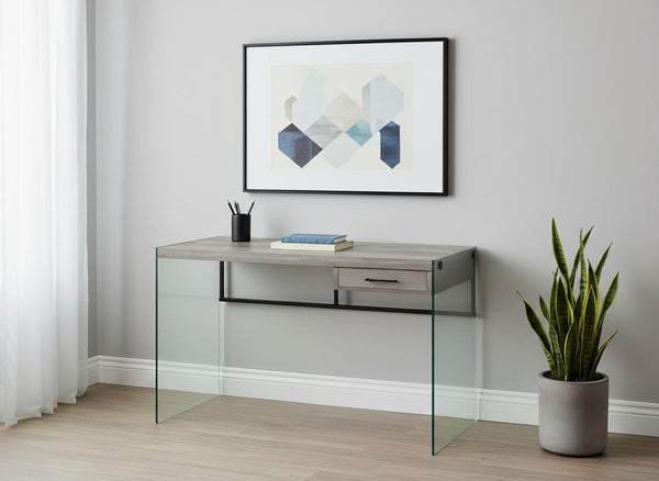 HomeRoots 24" Modern Glass and Manufactured Wood Computer Desk for Stylish Home Office or Executive Suite Grey,Black, Clear 333542