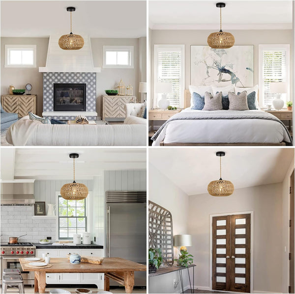 English Elm Farmhouse Led Rattan Pendant Light - Hand-Woven Boho Chandelier For Cozy Dining & Living Spaces W2738P185432