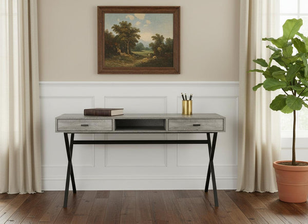 HomeRoots 24" Modern Computer Desk with Two Hidden Drawers for Organized Workspaces and Stylish Décor Grey,Black 333545