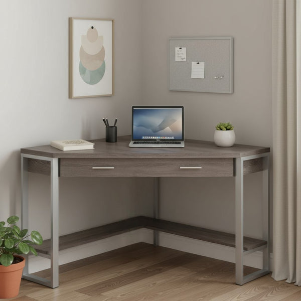 HomeRoots 42" Contemporary Corner Computer Desk - Stylish Taupe Top with Sturdy Metal Base for Space Efficiency Dark Taupe,Silver 333554