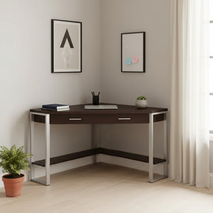HomeRoots 42" Contemporary Corner Computer Desk - Stylish Taupe Top with Sturdy Metal Base for Space Efficiency Cappuccino,Silver 333555
