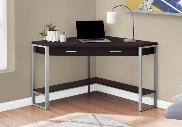 HomeRoots 42" Contemporary Corner Computer Desk - Stylish Taupe Top with Sturdy Metal Base for Space Efficiency Cappuccino,Silver 333555