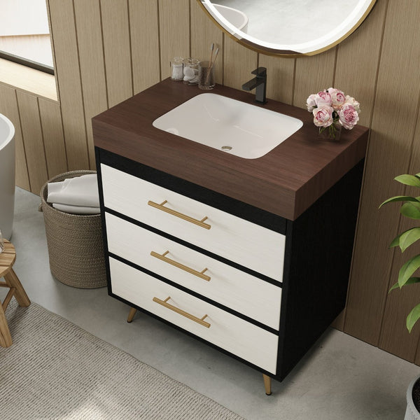 English Elm Modern Freestanding Bathroom Vanity with Vessel Sink Sintered Stone Gold Legs W3136S00047