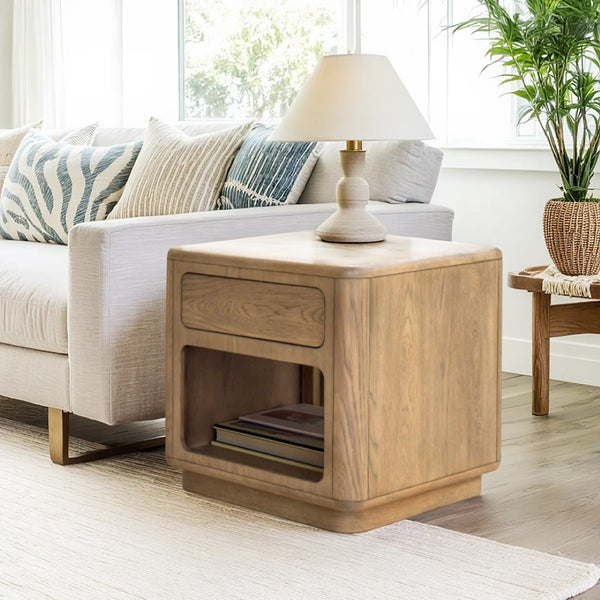 English Elm Driftwood Oak End Table with Open Shelf and Push Drawer for Modern Living B035P437552