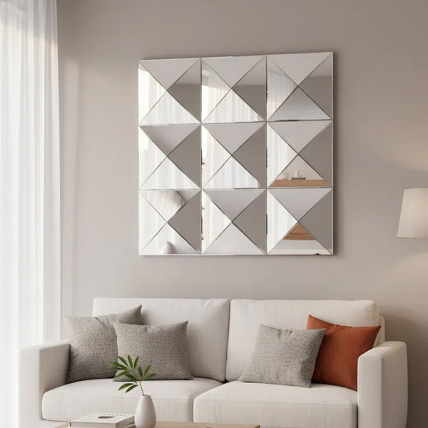 English Elm 3d Beveled Glass Geometric Square Wall Mirror Sculptural Triangular Art for Living Room W3836P410041