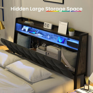 English Elm Queen Platform Bed Ergonomic Headboard Rgb Lighting Built-in Charging Storage B2716P332042