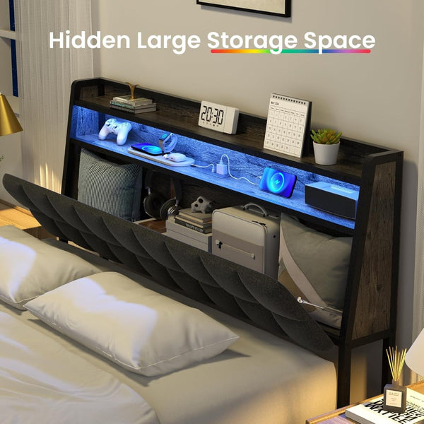 English Elm Queen Platform Bed Ergonomic Headboard Rgb Lighting Built-in Charging Storage B2716P332042