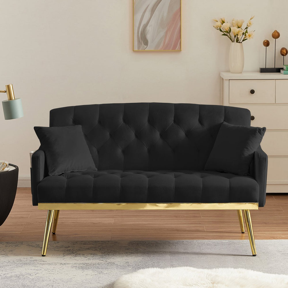 English Elm BLACK Velvet 2-Seater Sofa with Gold Metal Legs, Foam Cushioning, Solid Wood Frame, Compact Chic W588P300280