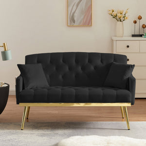 English Elm BLACK Velvet 2-Seater Sofa with Gold Metal Legs, Foam Cushioning, Solid Wood Frame, Compact Chic W588P300280