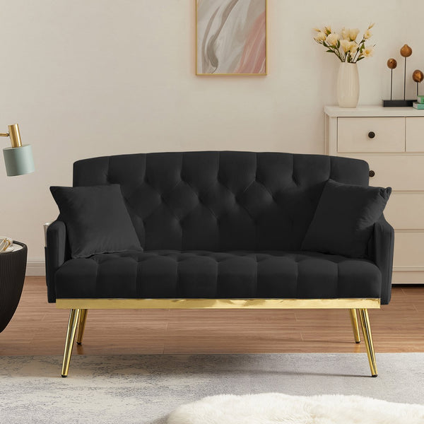 English Elm BLACK Velvet 2-Seater Sofa with Gold Metal Legs, Foam Cushioning, Solid Wood Frame, Compact Chic W588P300280