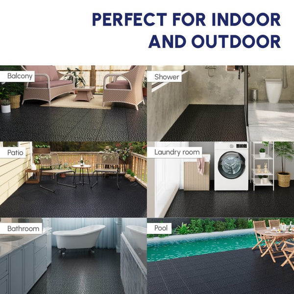 English Elm 12 Inch Interlocking Plastic Deck Tiles Pebble Stone Waterproof Outdoor Patio Pack of 60 Black W2391P189616