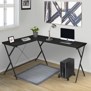 English Elm Black L-shaped corner desk with rolling CPU holder, dual workstations, X-frame metal base, durable modern design B062P184554