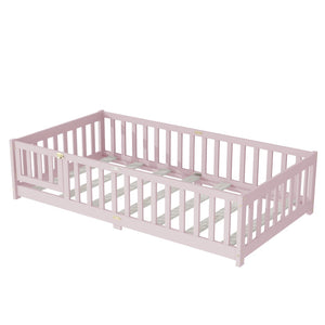 English Elm Twin Low Profile Rubberwood Floor Bed with Full Safety Fence for Toddler Rooms Pink W504P429281