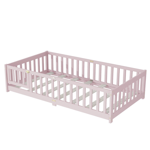 English Elm Twin Low Profile Rubberwood Floor Bed with Full Safety Fence for Toddler Rooms Pink W504P429281