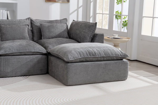 English Elm 129.8" Wide Modular Cloud Sectional Cotton Linen Sofa with Deep Foam Seats and Ottomans Antique Grey W2530S00015