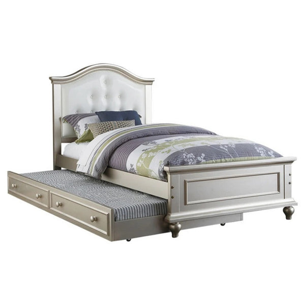 English Elm Contemporary Twin Bed with Trundle and Tufted Upholstered Headboard, Sturdy Slats, Kids Bedroom Furniture Silver,White 83 L x 12 W x 9 H B011S02034