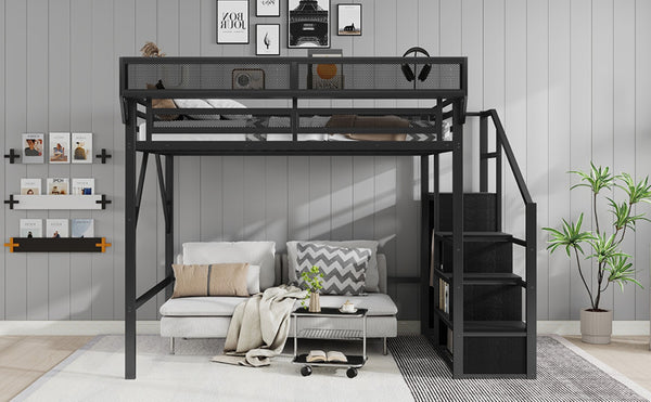 English Elm Queen Metal Loft Bed with Stair Storage Wardrobe and Under-bed Space for Teens W2580S00059