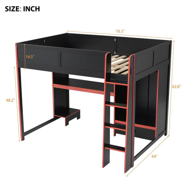 English Elm Wood Full Size Gaming Loft Bed With Desk, Wardrobe, Led Lighting, And Storage Drawer, Black Finish N7090004011B-GIGA