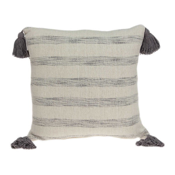 Homeroots 18" Beige And Gray Striped Cotton Throw Pillow With Tassels   333987