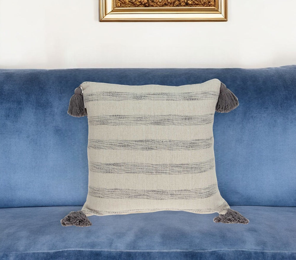 Homeroots 18" Beige And Gray Striped Cotton Throw Pillow With Tassels   333987