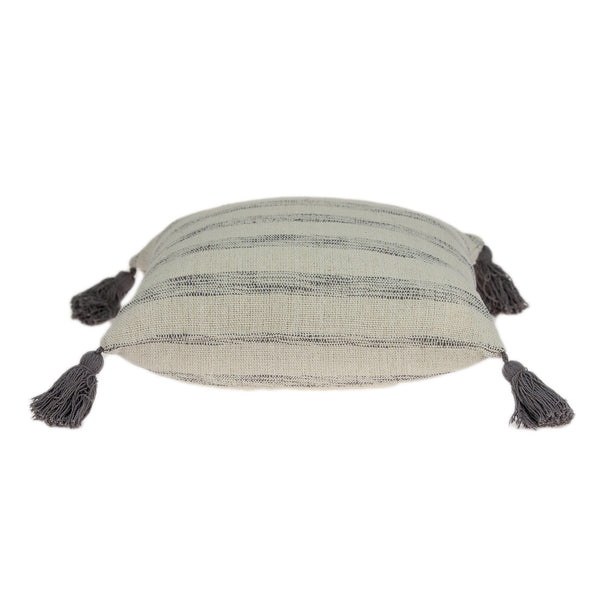 Homeroots 18" Beige And Gray Striped Cotton Throw Pillow With Tassels   333987