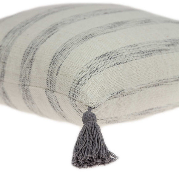 Homeroots 18" Beige And Gray Striped Cotton Throw Pillow With Tassels   333987