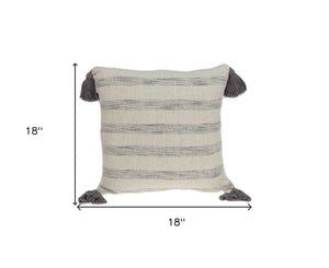Homeroots 18" Beige And Gray Striped Cotton Throw Pillow With Tassels   333987