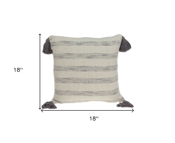 Homeroots 18" Beige And Gray Striped Cotton Throw Pillow With Tassels   333987