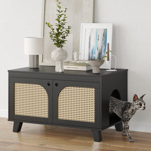 English Elm Flip Top Hidden Cat Litter Box Enclosure with Rattan Doors, Flip-Top Access, Odor Control, Stylish Table Ready Black T3623P354969