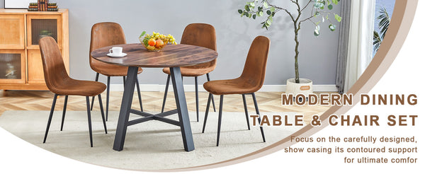 English Elm Table 5-Piece Modern Minimalist Dining Set With 42-Inch Round Walnut Top & Brown Techno-Fabric Chairs W1151S04090-GIGA