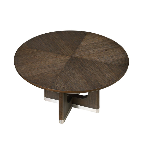 English Elm Modern Round Dining Table with 54" Rustic Wire-Brushed Brown Oak Veneer Top & Metallic Accent Base, Seats 4 B011S01897