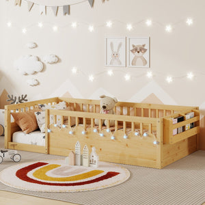 English Elm Twin Montessori Floor Bed Frame with High Rails and Built-In Light Shelf for Safe Independent Sleep Natural 79.13 L x 13 W x 6.3 H W2593P333571